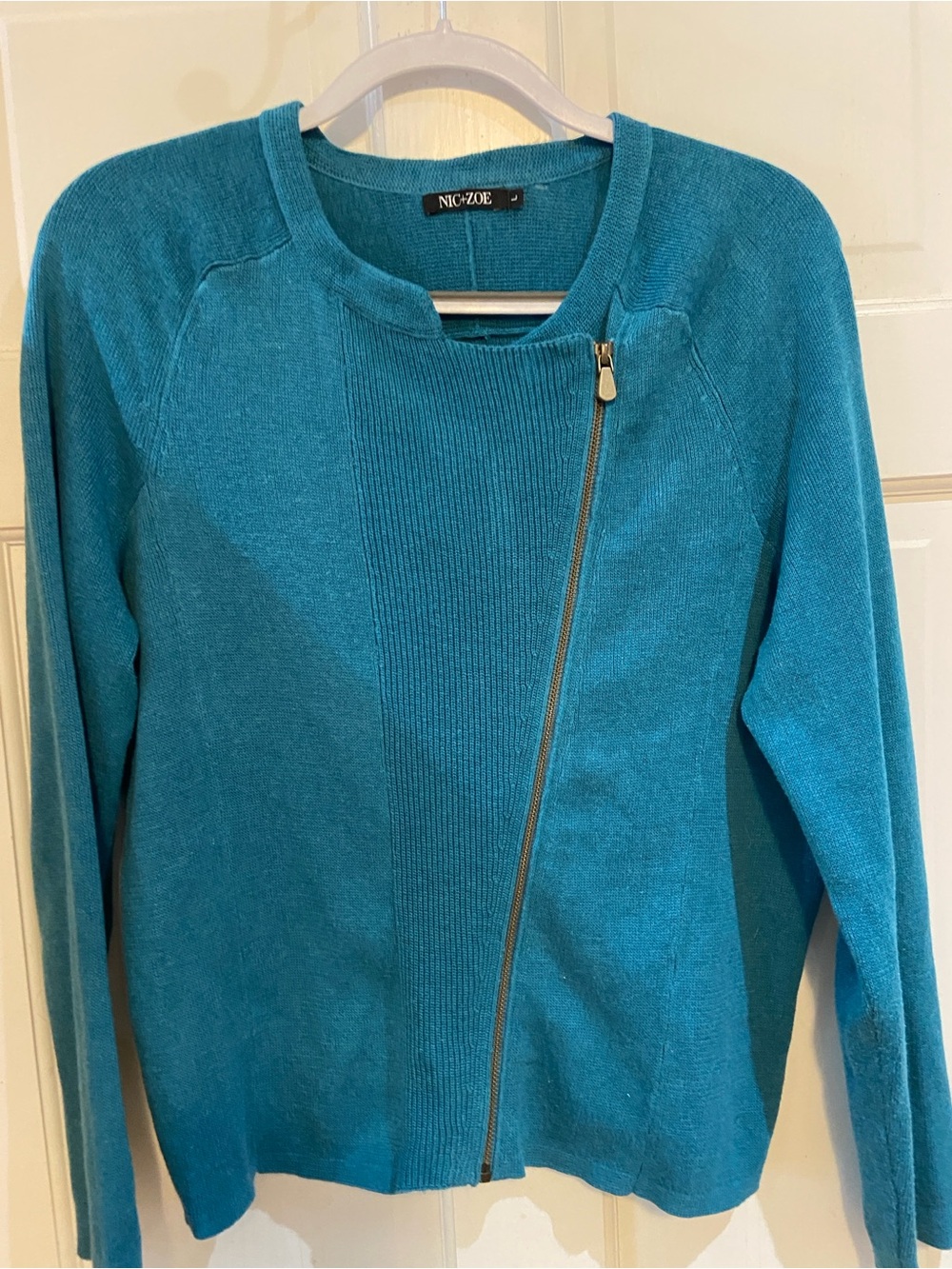 NIC+ZOE Teal Asymmetric Zip Crew Sweater